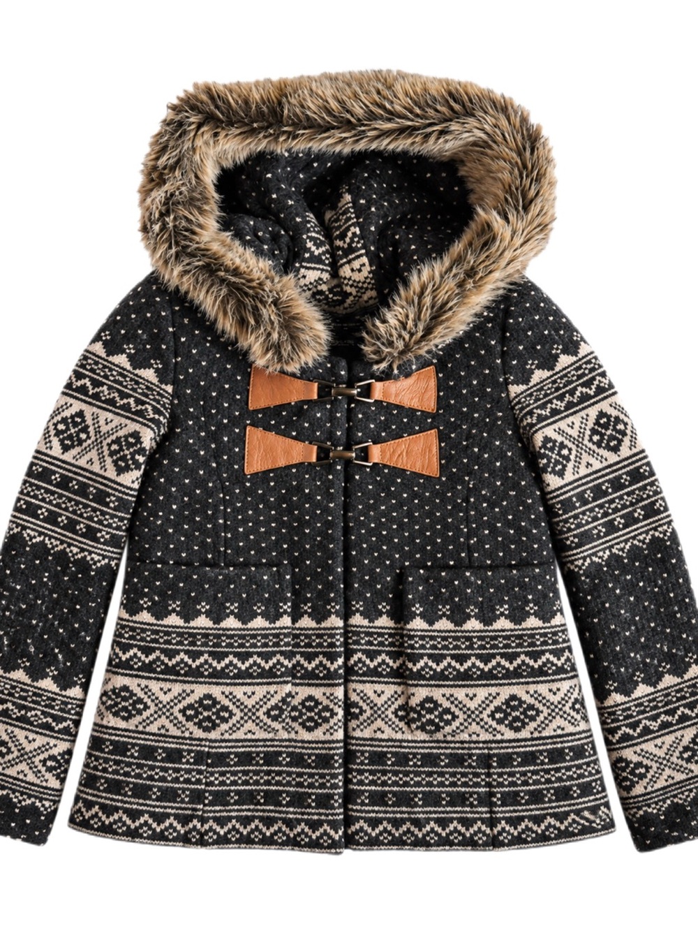 Smythe Fair Isle Faux Fur Hood Wool Duffle Coat Jacket Size 4 / Small
